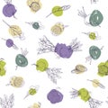 Vector seamless pattern with beet root food and vegetables on a white background with colorful brush strokes